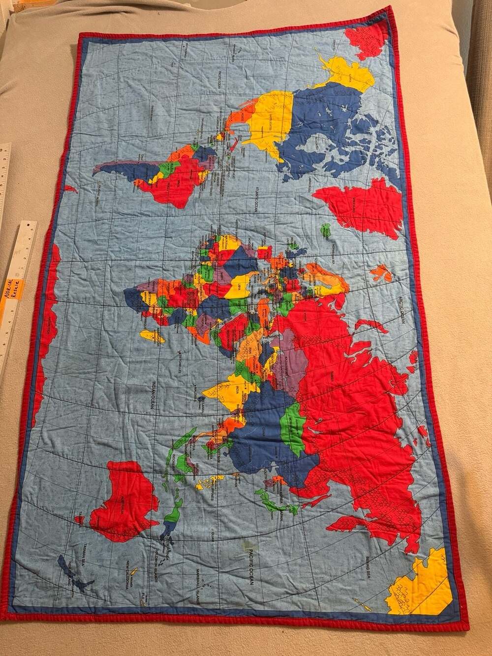 Vintage World Map Quilted Wall Hanging / Baby Blanket